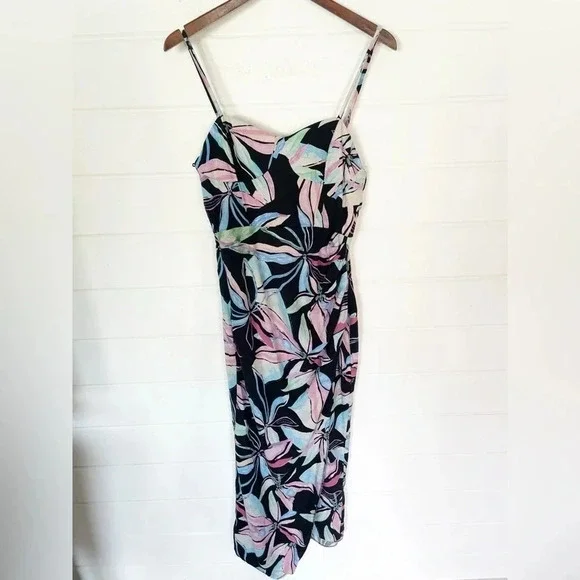 EUC Zara Linen Blend Tropical Print Corset Ruched Midi Dress Size Medium - Picture 7 of 17